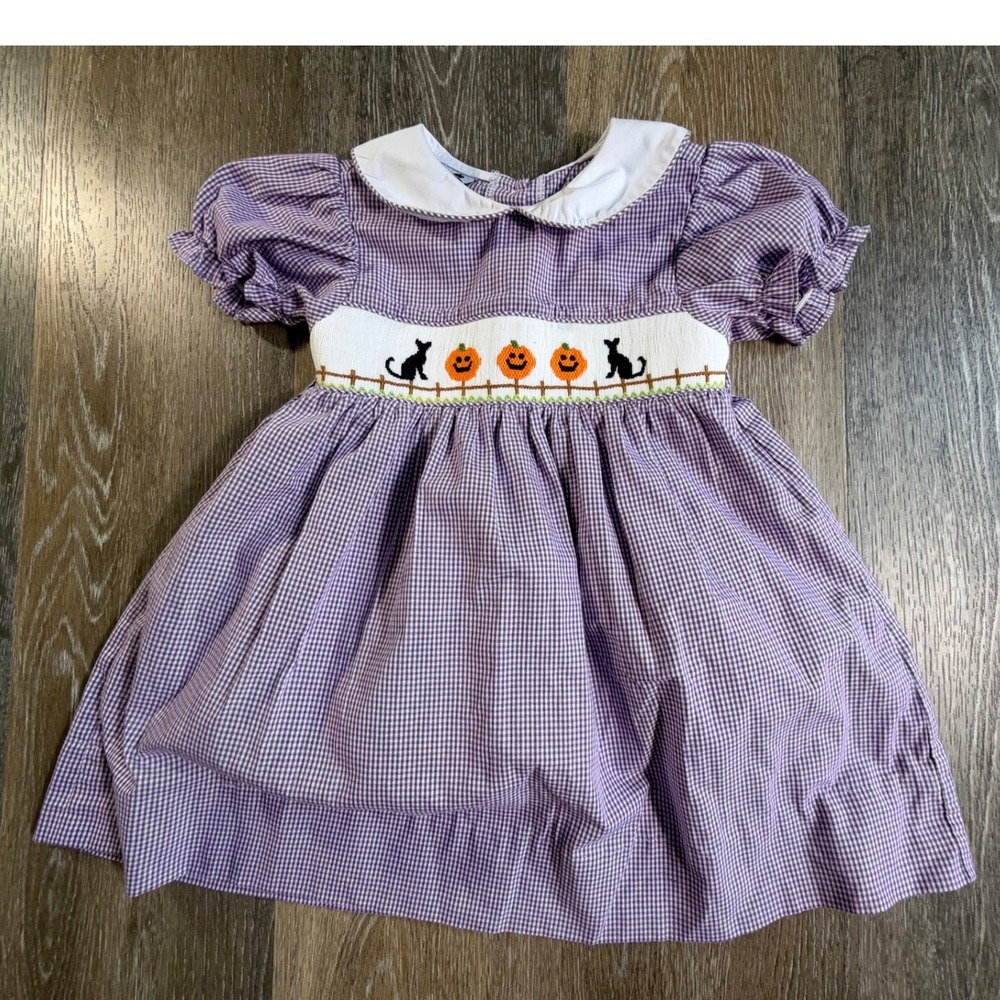 Dressie Jessie Smocking Dress Toddler 2T Purple Gingham Halloween Pumpkin Cat